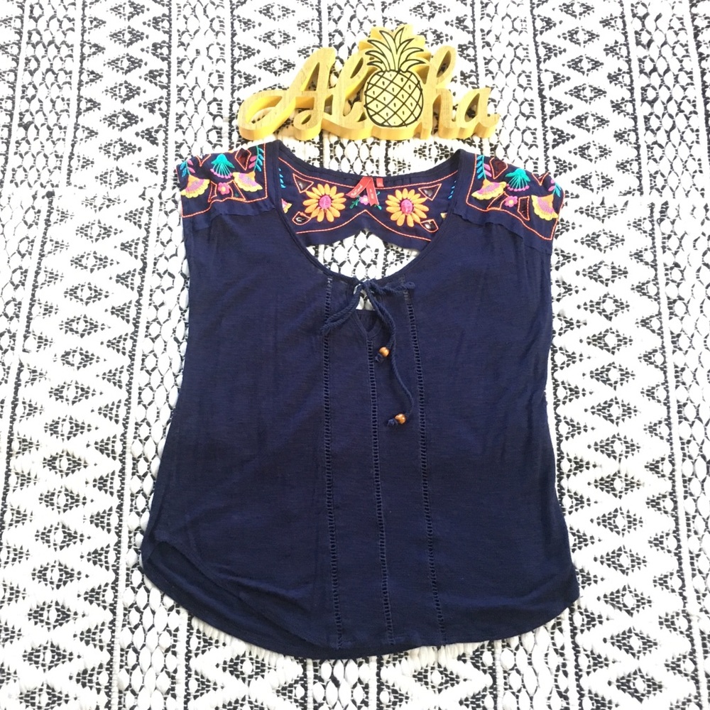 Navy Knit Top with Cut-Out and Embroidered Details